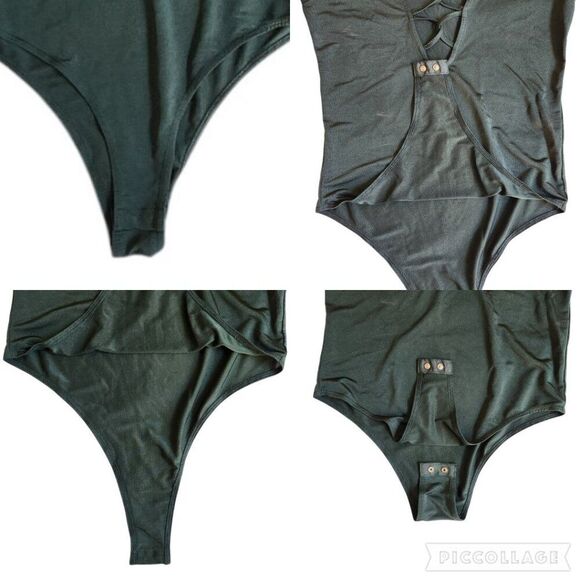Forever 21 dark green deep plunge caged neckline thin semi sheer bodysuit sz M - Picture 5 of 11